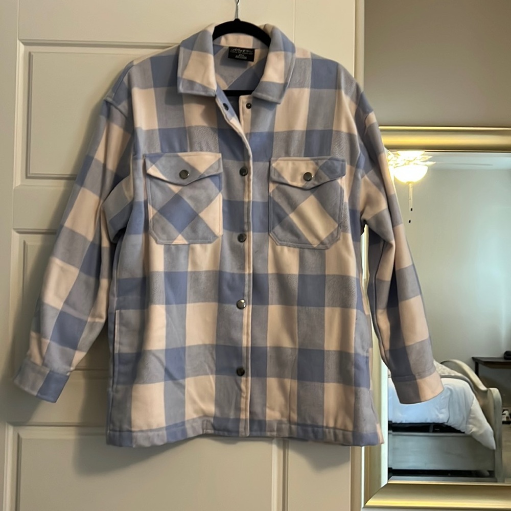 HFX Shacket in blue and cream color